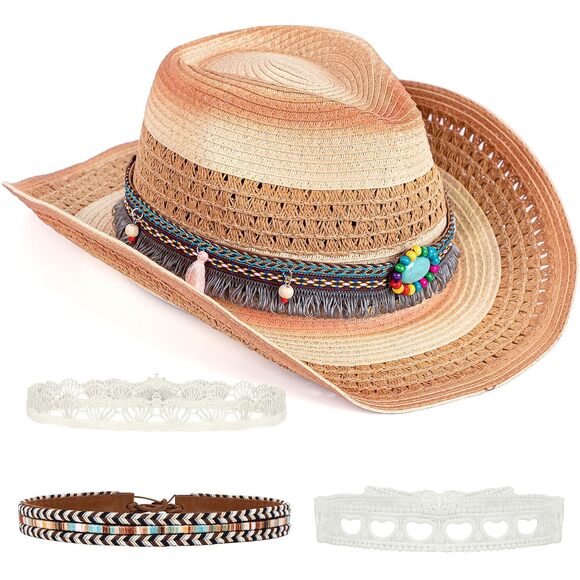 2226 Cowboy Cowgirl Straw Hat With Bands For Women- Western Wide Brim main image 7